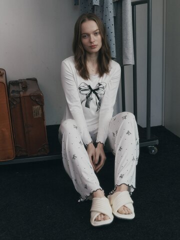MJ_Bow pattern two piece pajamas_WHITE