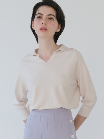 브이 칼라넥 래글런 8부 니트 (3colors)