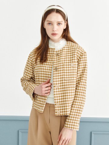 트위드 턱 디테일 라운드넥 재킷 