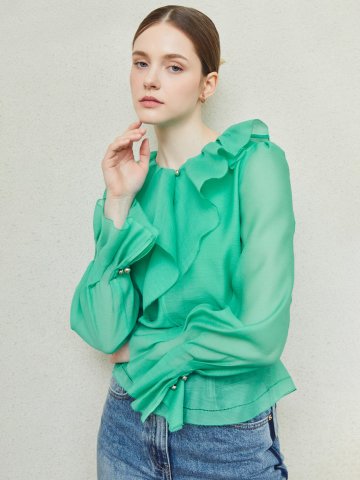 드레이프 러플 칼라 블라우스 