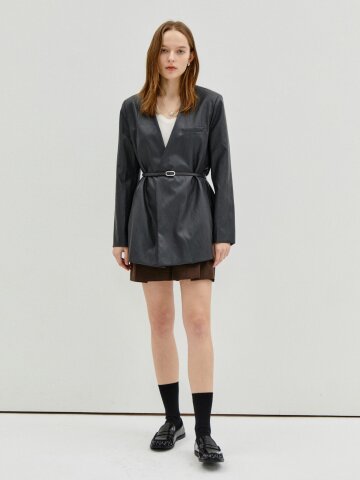 Collarless Belted Leather Jacket 7RTP0JK004 