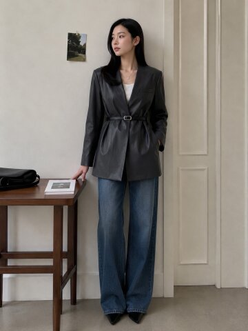 Collarless Belted Leather Jacket 7RTP0JK004 
