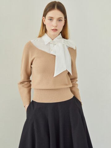 셔츠 배색 오프 숄더 풀오버 니트 