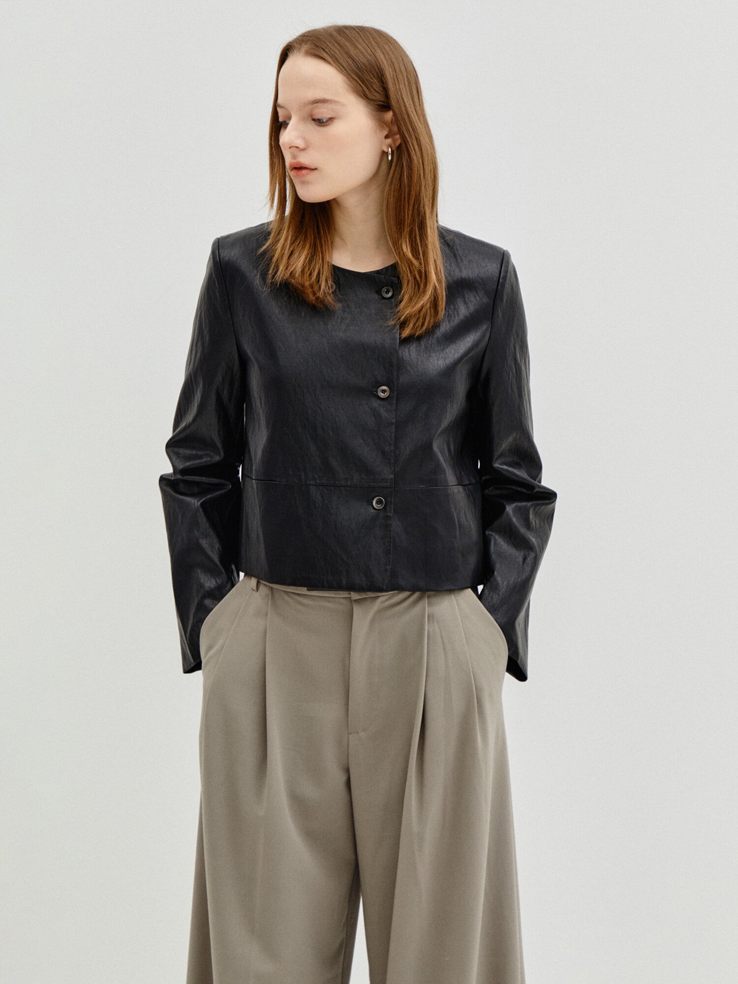 Round Asymmetric Leather Jacket 7RTP0JK002 (BLACK)