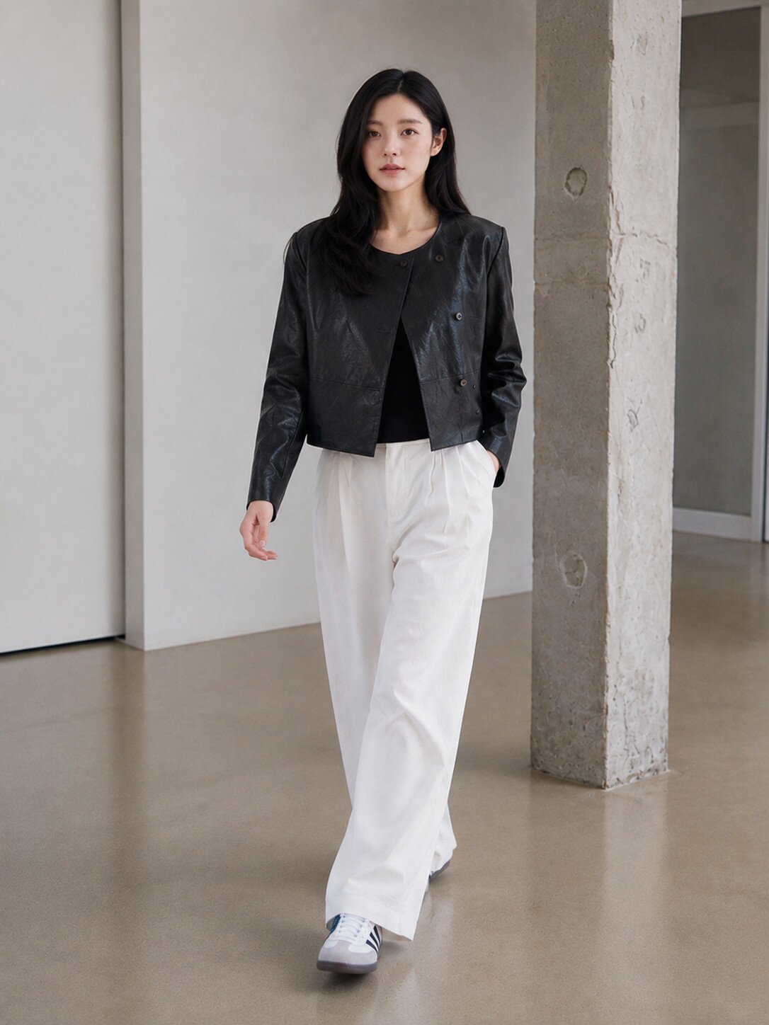 Round Asymmetric Leather Jacket 7RTP0JK002 (BLACK)