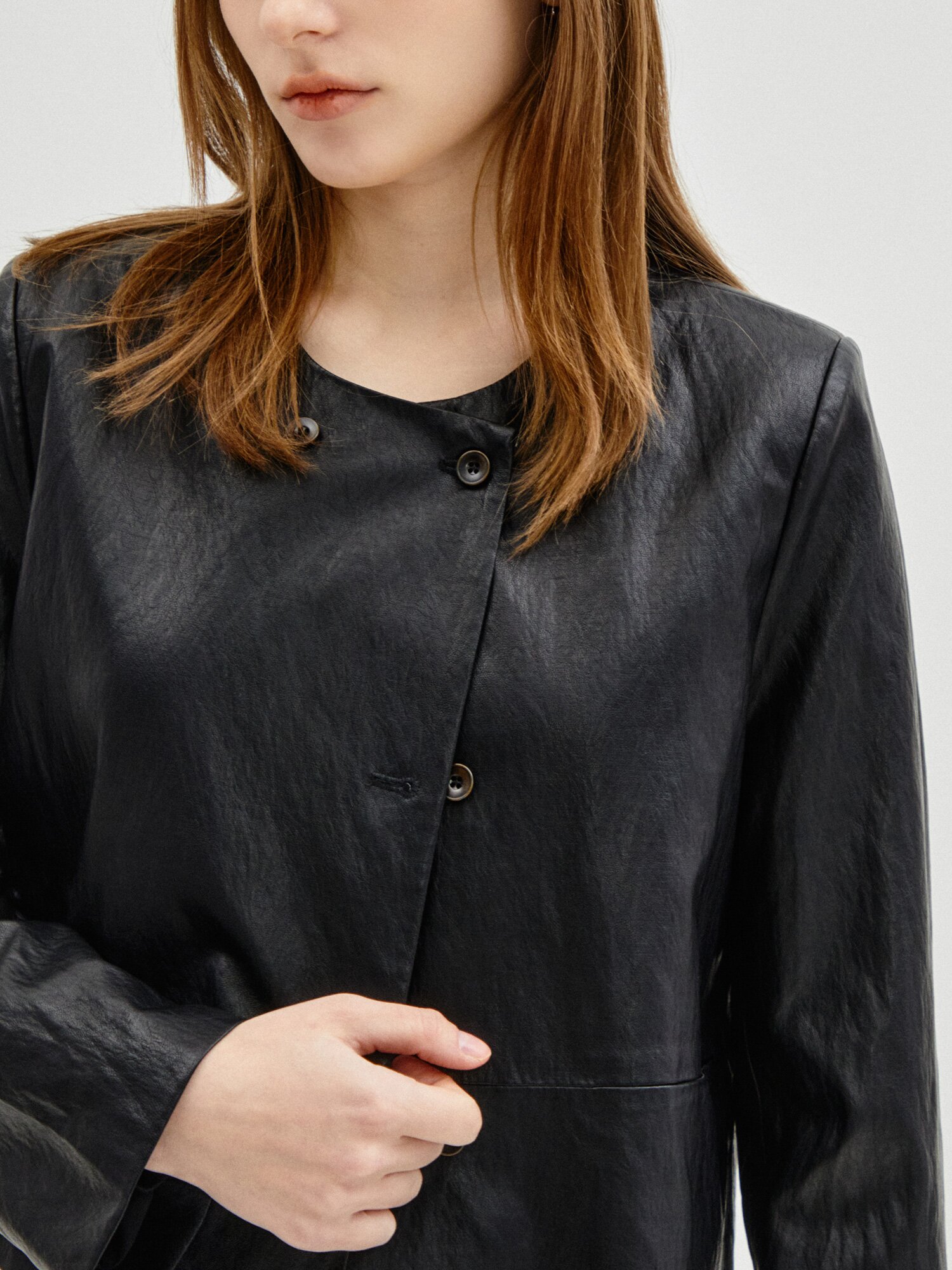Round Asymmetric Leather Jacket 7RTP0JK002 (BLACK)