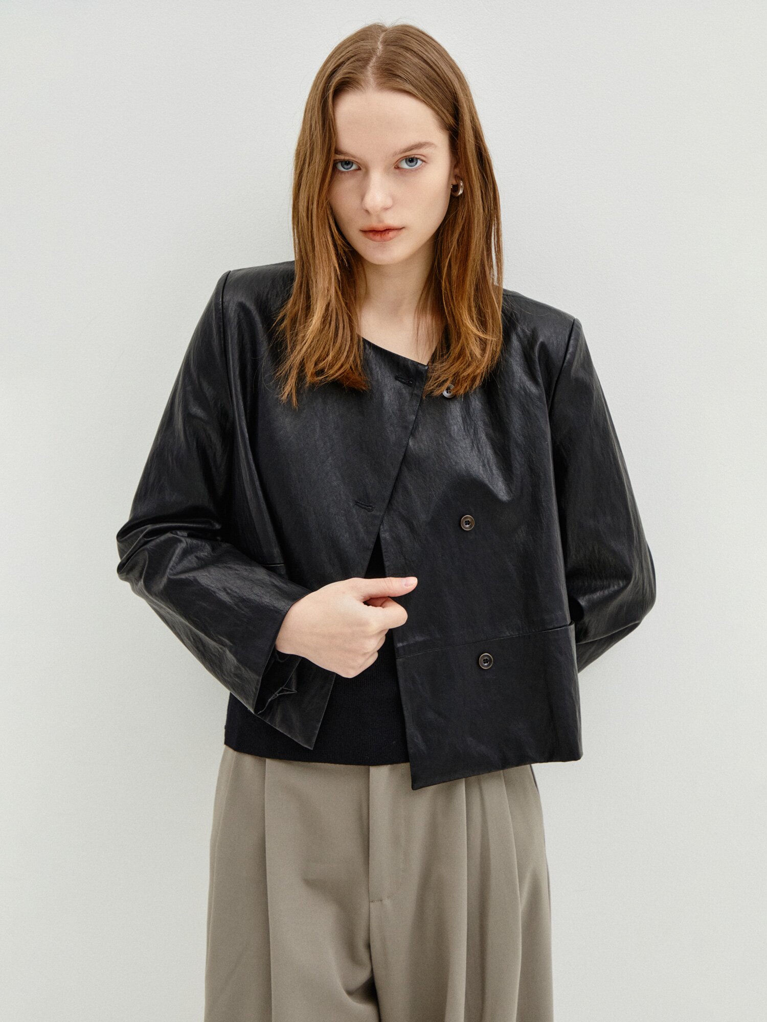 Round Asymmetric Leather Jacket 7RTP0JK002 (BLACK)