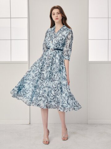 플로럴 브이 칼라 플레어 원피스 