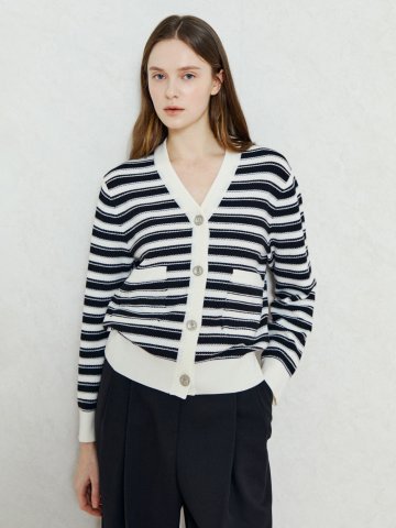 소프트 터치  스트라이프 브이넥 가디건 