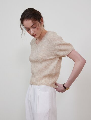 Alpaca V-neck half knit_BEIGE