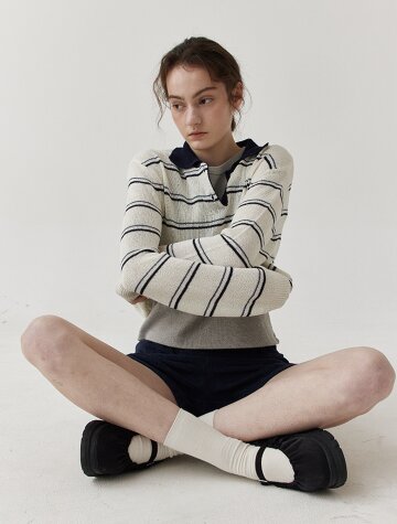 [11차] Stripe collar linen knit_NAVY