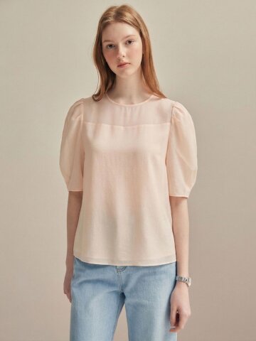 백 리본 퍼프 슬리브 블라우스 