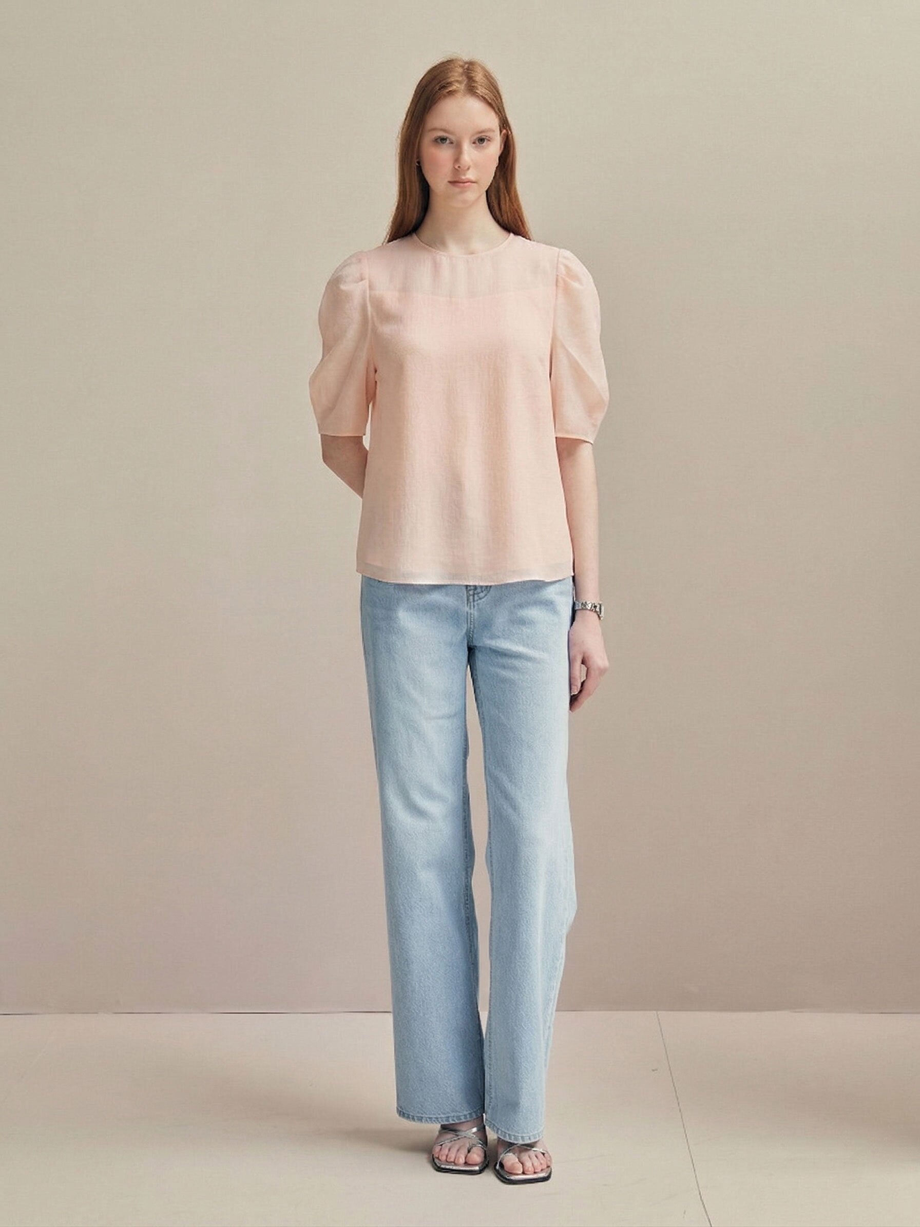 백 리본 퍼프 슬리브 블라우스 (PINK)