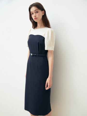 배색 퍼프 뷔스티에 H라인 원피스 