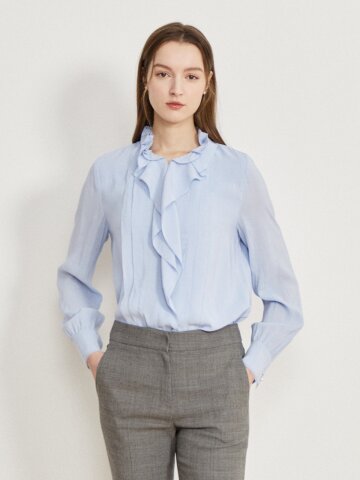 스티치 드레이프 프릴넥 블라우스 