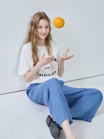 탭 장식 밴딩 와이드 데님 팬츠 