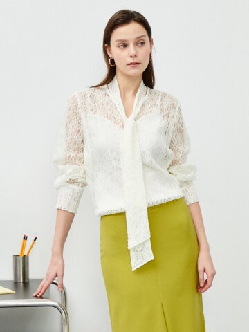 페미닌 레이스 보우 블라우스 