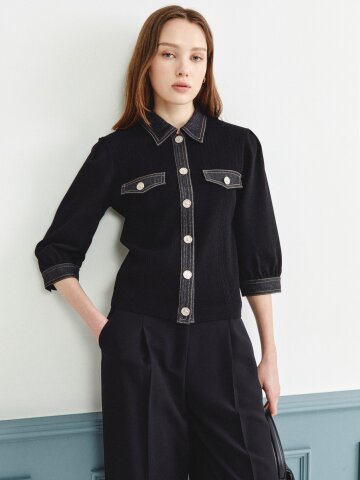 데님 배색 7부 칼라 가디건 