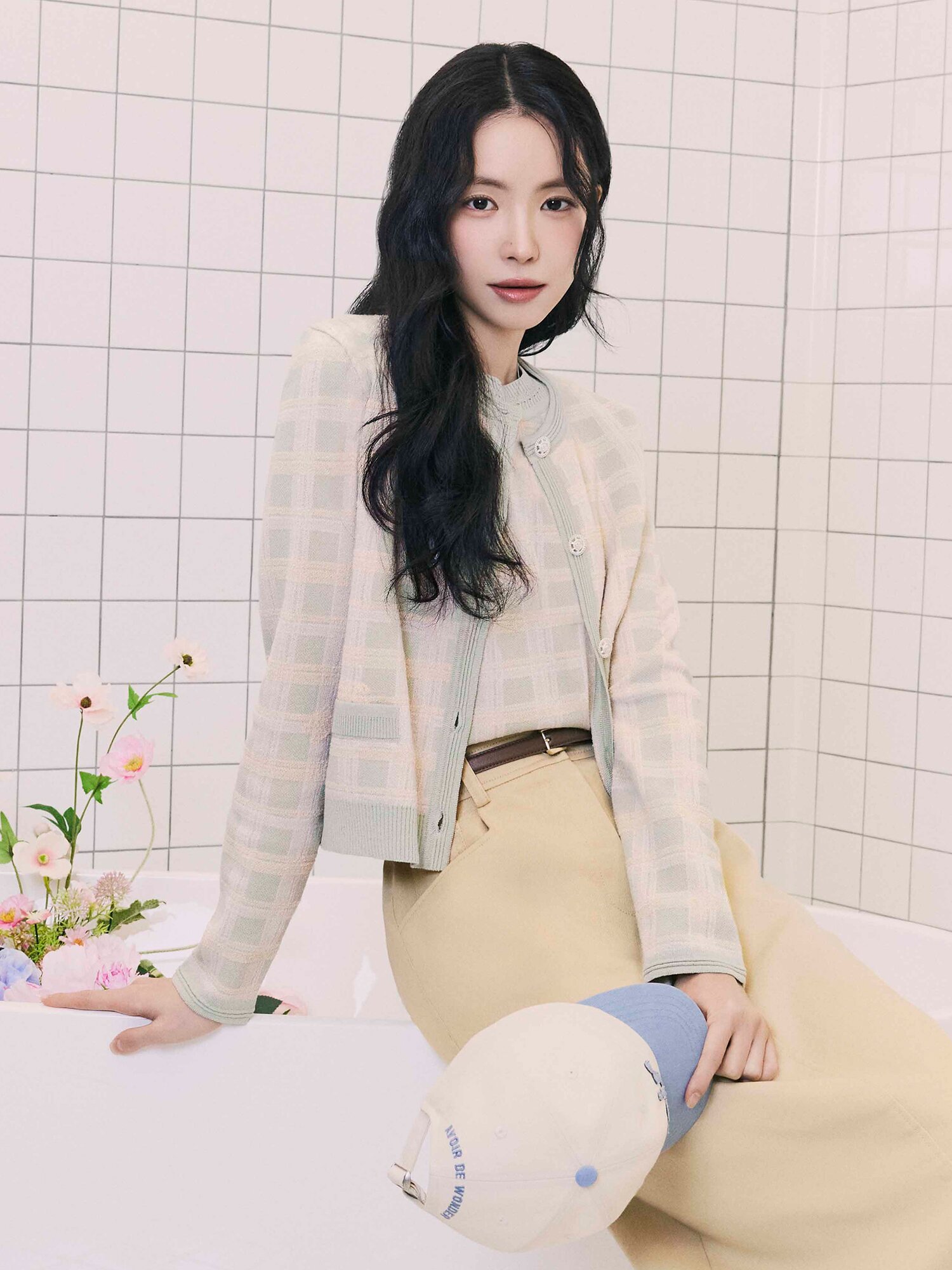 체크 라운드넥 크롭 가디건 (MINT)