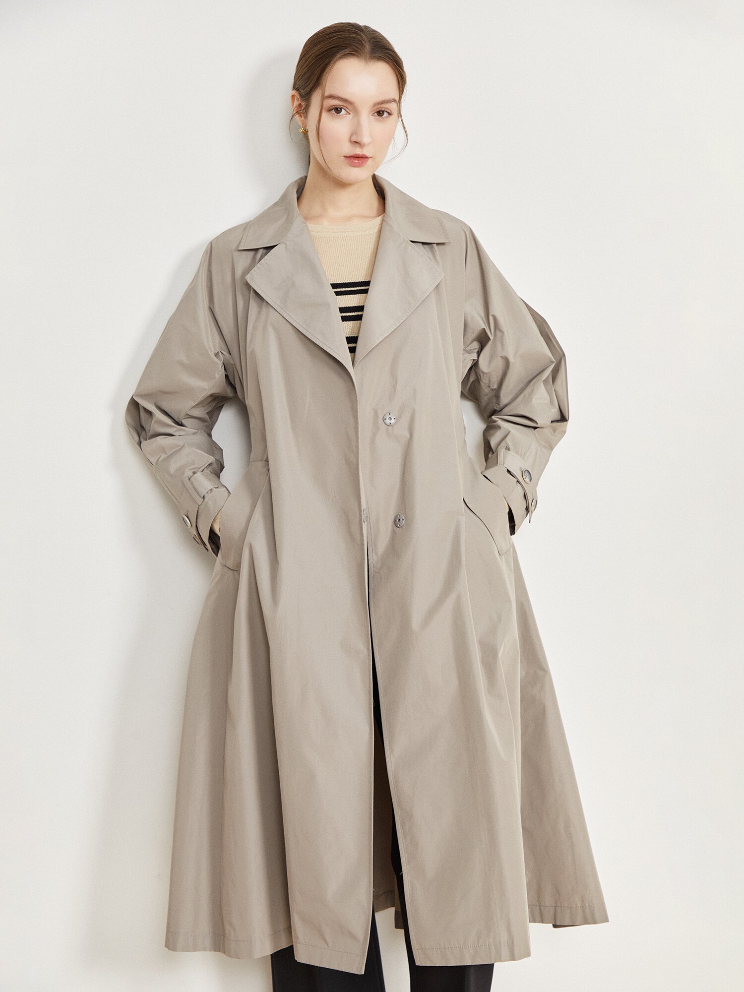 슬리브 포인트 A라인 트렌치 코트 (LIGHT GREY)