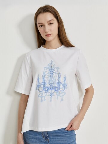 배색 비즈 장식 자수 티셔츠 