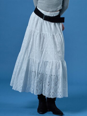 레이스 자수 플라워 플레어 롱스커트 [WHITE] KCL.