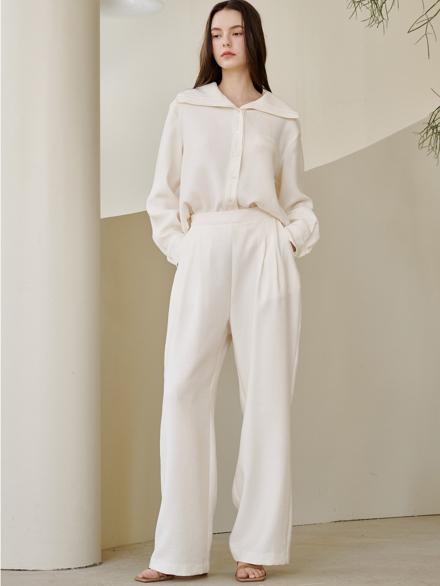링클 와이드 밴딩 팬츠 - 아이보리 / Wrinkle Wide Banding Pants - Ivory