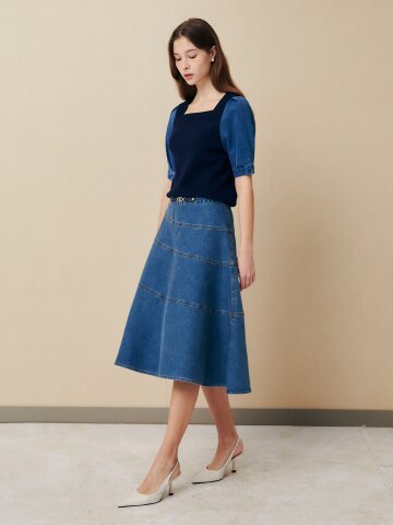 스티치 포인트 플레어 데님 스커트 