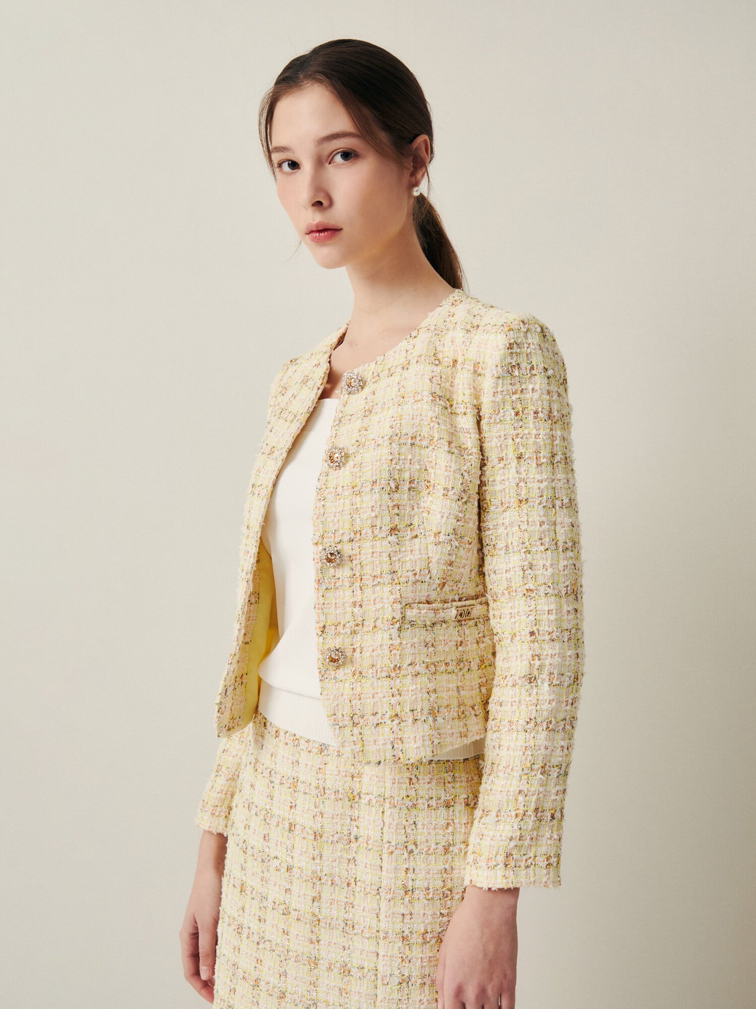 페미닌 메탈 버튼 트위드 재킷 (YELLOW)