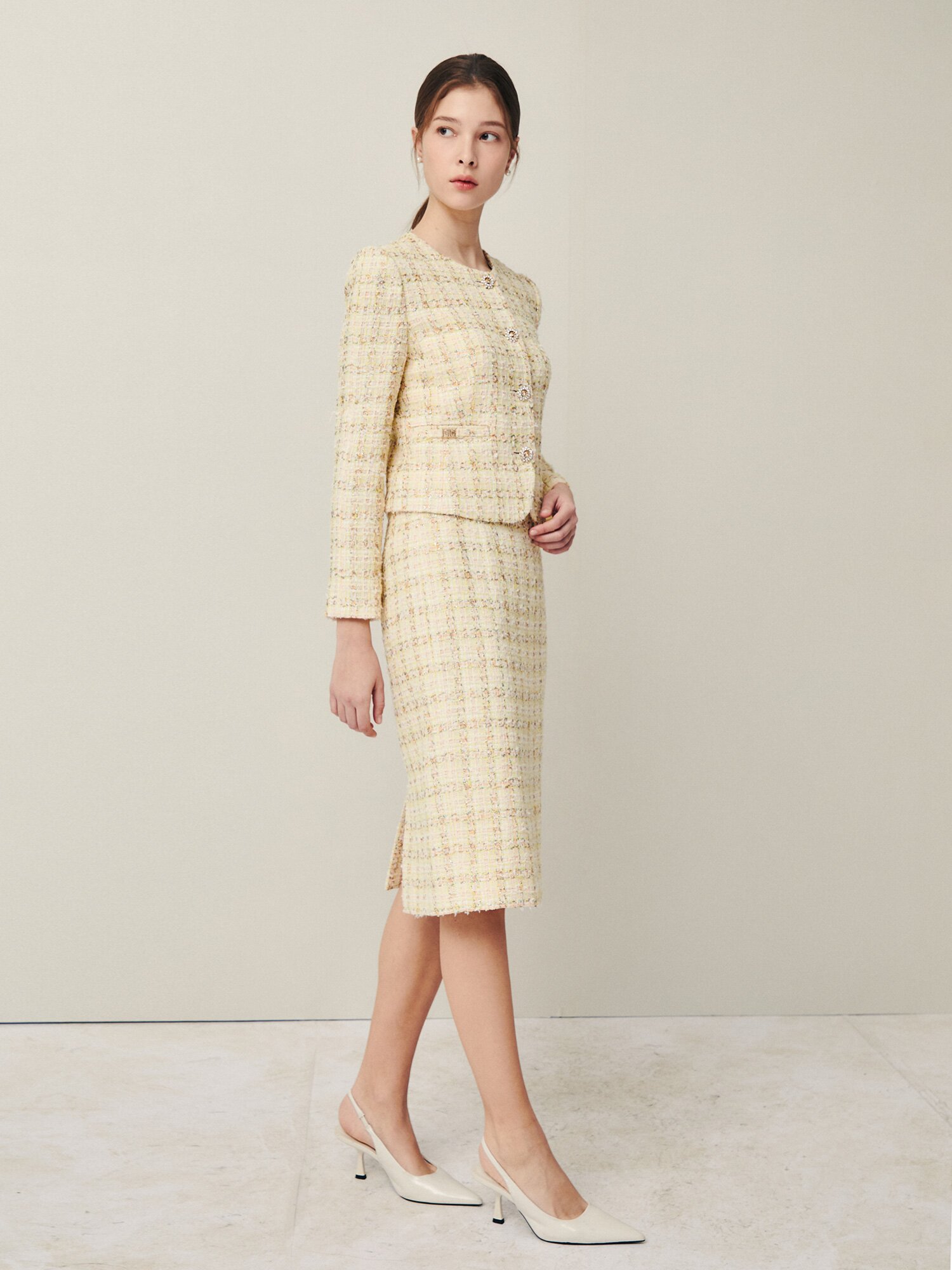 페미닌 메탈 버튼 트위드 재킷 (YELLOW)