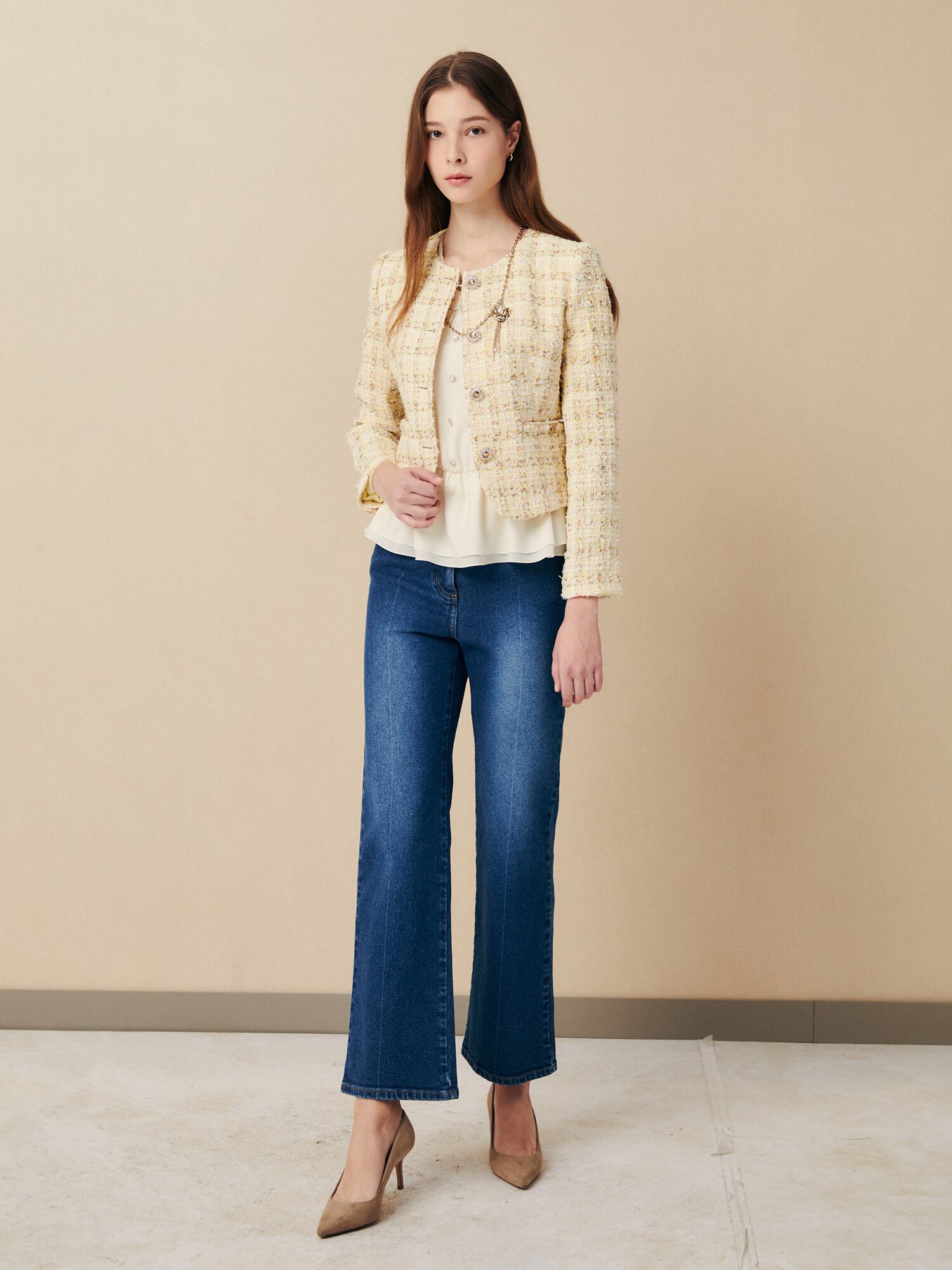 페미닌 메탈 버튼 트위드 재킷 (YELLOW)