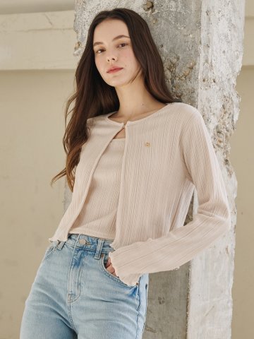 버튼 가디건 슬리브리스 셋트 - 라이트 베이지 / Button Cardigan Sleeveless Set - Light Beige

