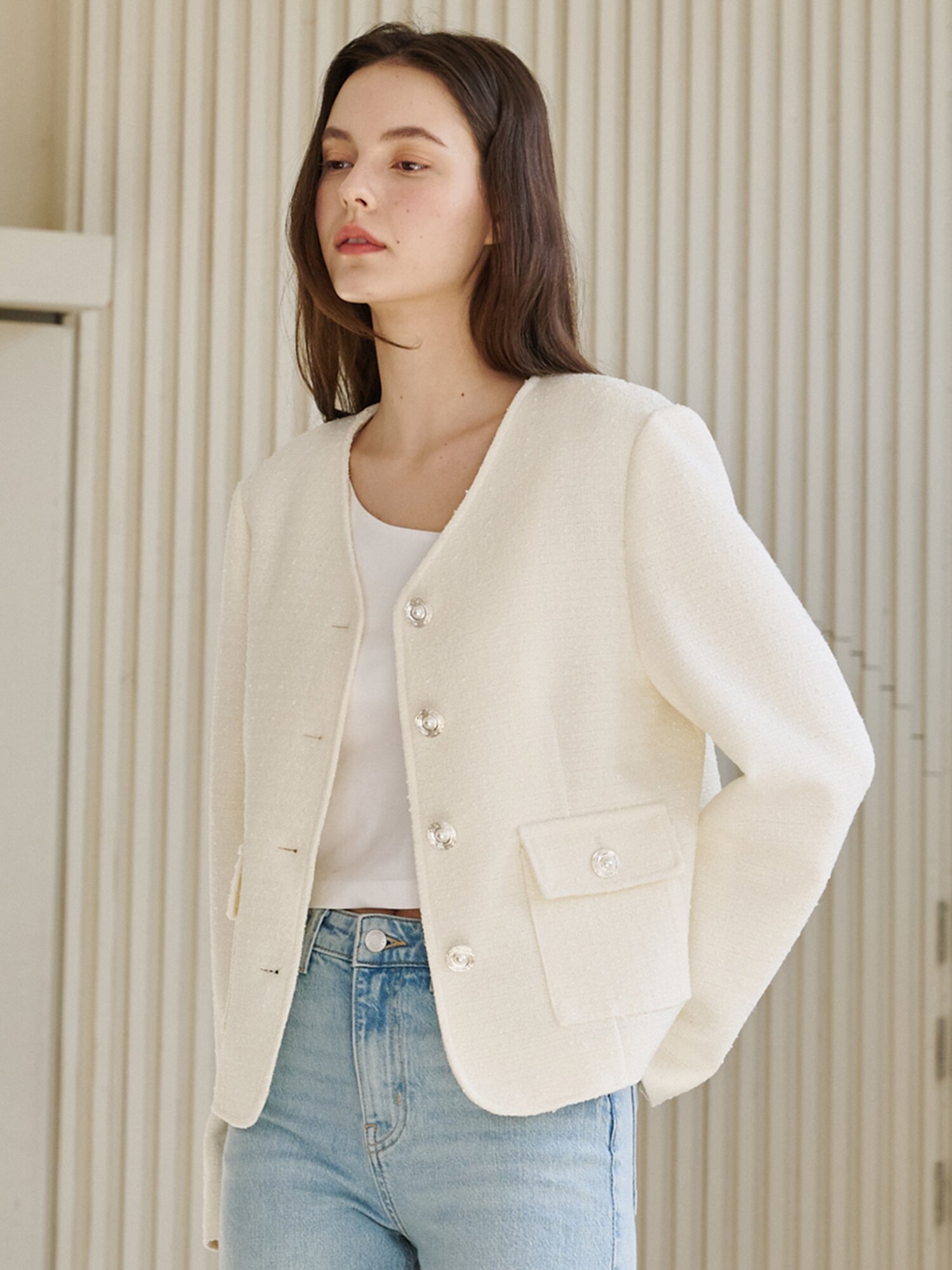  브이넥 카라 트위드 자켓 - 아이보리 / V-Neck Collar Tweed Jacket - Ivory