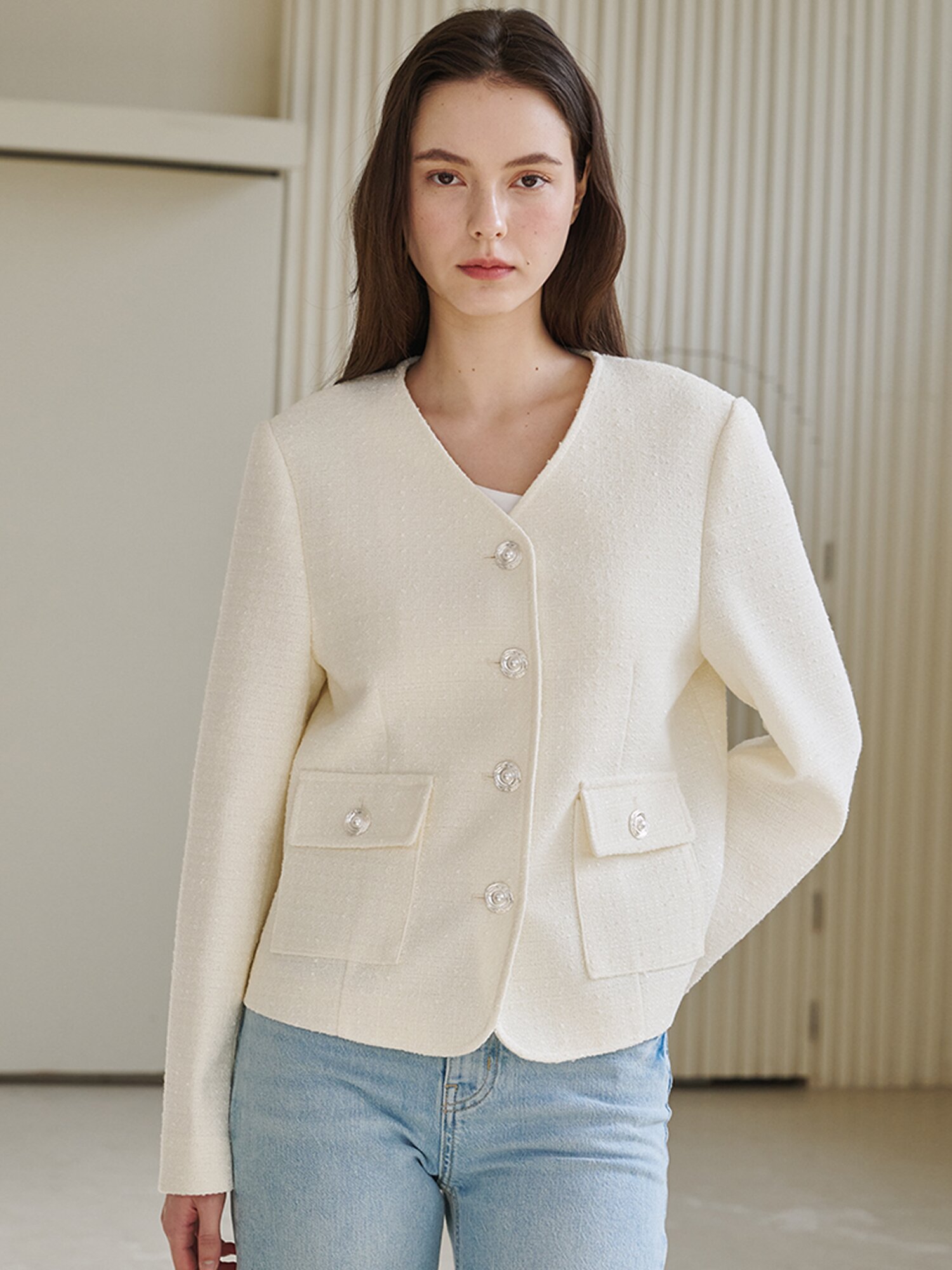  브이넥 카라 트위드 자켓 - 아이보리 / V-Neck Collar Tweed Jacket - Ivory