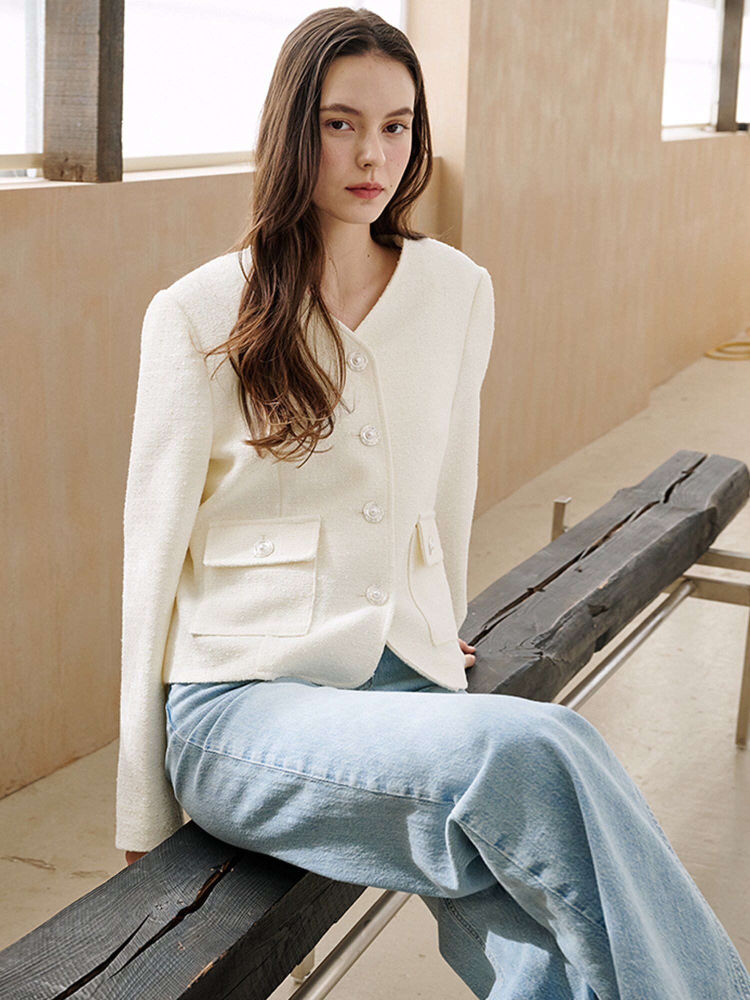  브이넥 카라 트위드 자켓 - 아이보리 / V-Neck Collar Tweed Jacket - Ivory