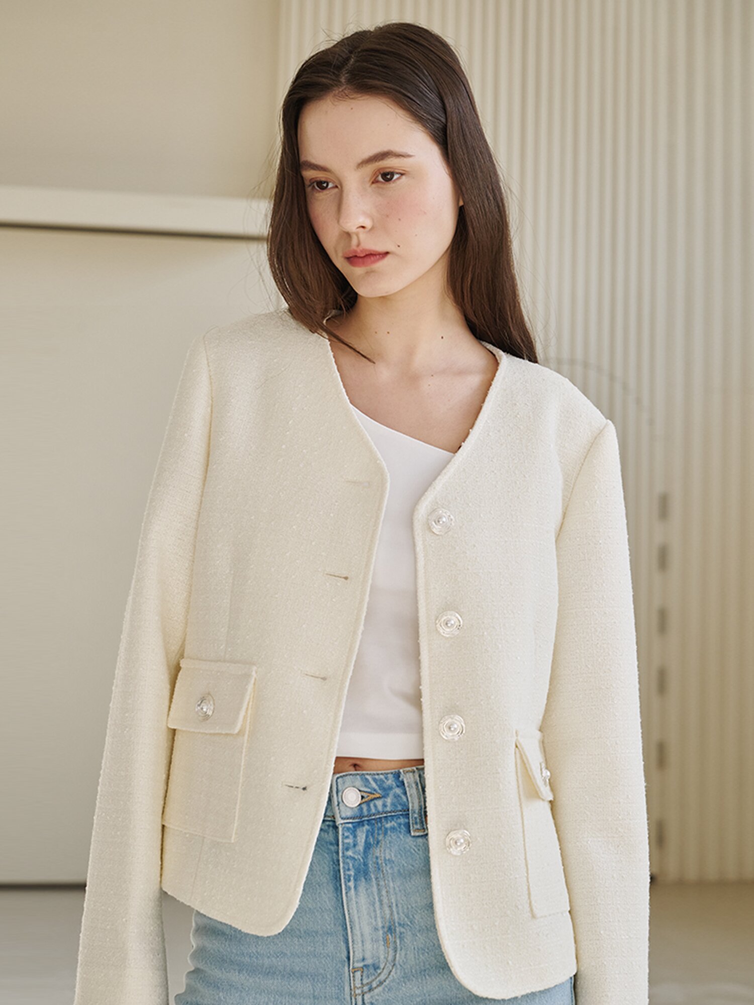  브이넥 카라 트위드 자켓 - 아이보리 / V-Neck Collar Tweed Jacket - Ivory