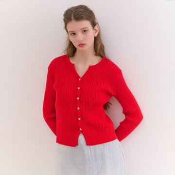 [카미노] RIBBED V-NECK KNIT CARDIGAN RED