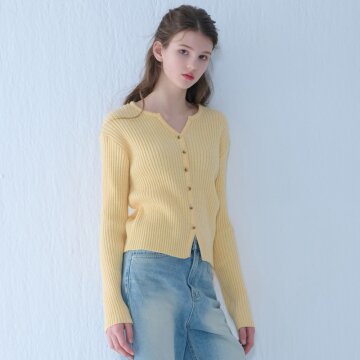 [카미노] RIBBED V-NECK KNIT CARDIGAN YELLOW