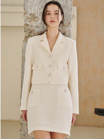 노치드 카라 트위드 자켓 셋업 - 아이보리 /  Notched Collar Tweed Jacket Set-Up - Ivory






