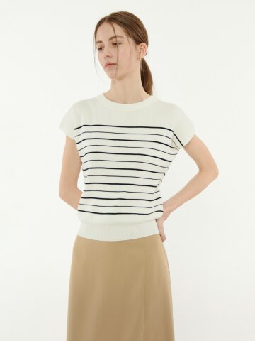 스트라이프 캡 슬리브 풀오버 니트 