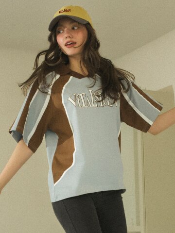 [LINE] 바시티 카라 티셔츠 (Gray Blue)