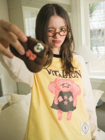 [LINE] 핑크 몬스터 배색 라그랑 티셔츠 (Yellow&Ivory)