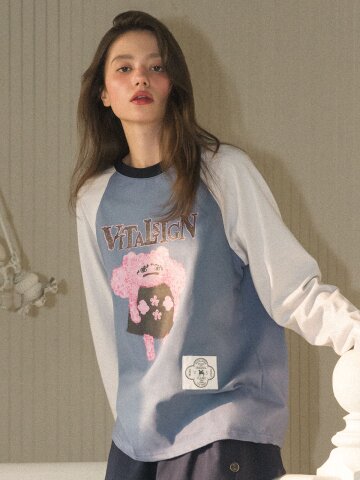 [LINE] 핑크 몬스터 배색 라그랑 티셔츠 (Blue&Grey)