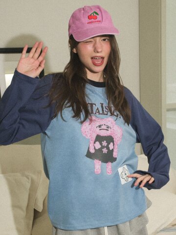 [LINE] 핑크 몬스터 배색 라그랑 티셔츠 (Ocean&Navy）