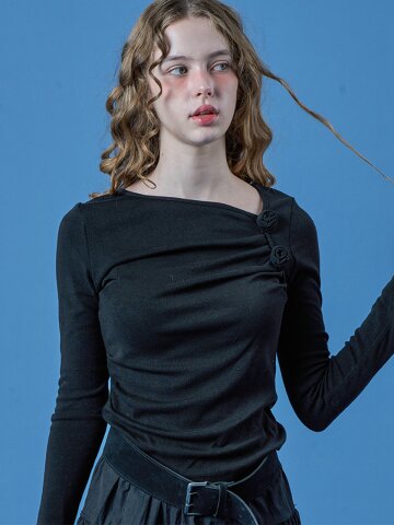 드레이프 장미 셔링 코사지 긴팔티 [BLACK] KCL.