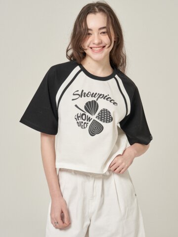 [SHOWPIECE] 패턴 클로버 배색 반팔 티셔츠_WH