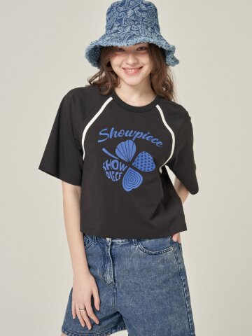 [SHOWPIECE] 패턴 클로버 배색 반팔 티셔츠_BK