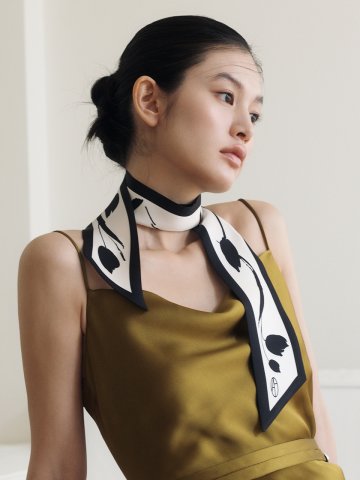 Bloom Long Twilly Silk Scarf - Cream