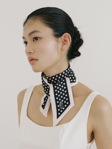 Dot Long Twilly Silk Scarf - Cream/Black