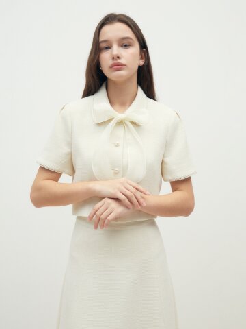 트위드 타이 퍼프 크롭 재킷 